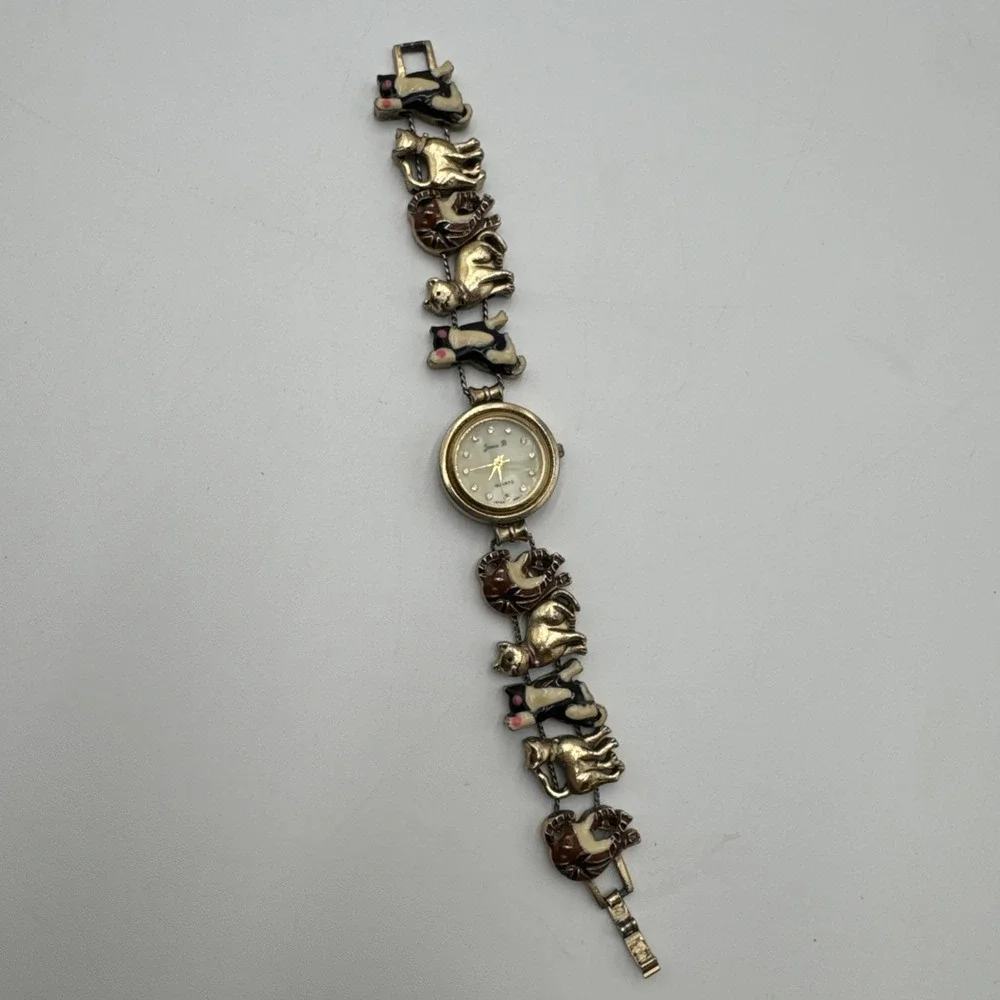VTG Jennie B Enamel Cats Gold Tone Slide Charm Bracelet Wrist Watch Not Tested